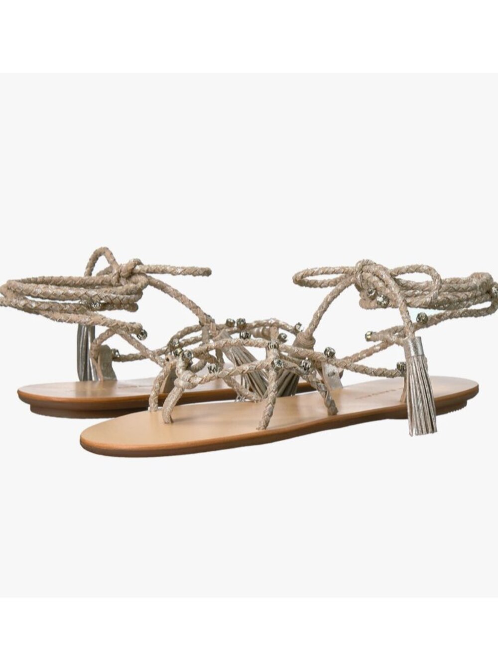LOEFFLER RANDALL Bo Crystal Embellished Braided Ankle Tie Sandals Metallic Sz 8